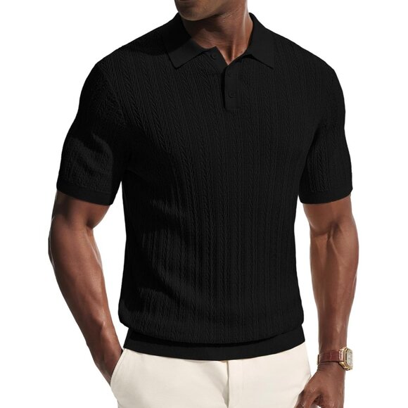 Men's Black Short Sleeve Knit Casual Lightweight Textured Polo Stretch Shirts